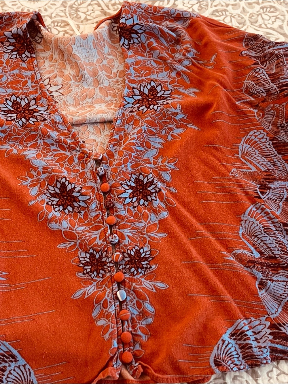 Free People Rust Floral V-Neck Button-Front Blouse
